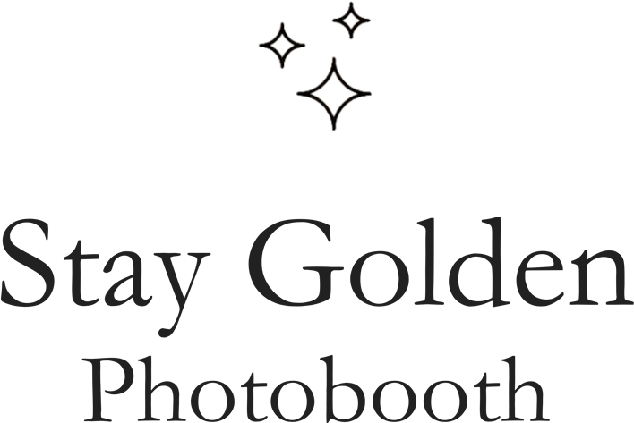 Minimalist Stay Golden Photo Booth logo featuring elegant text and sparkling star accents.