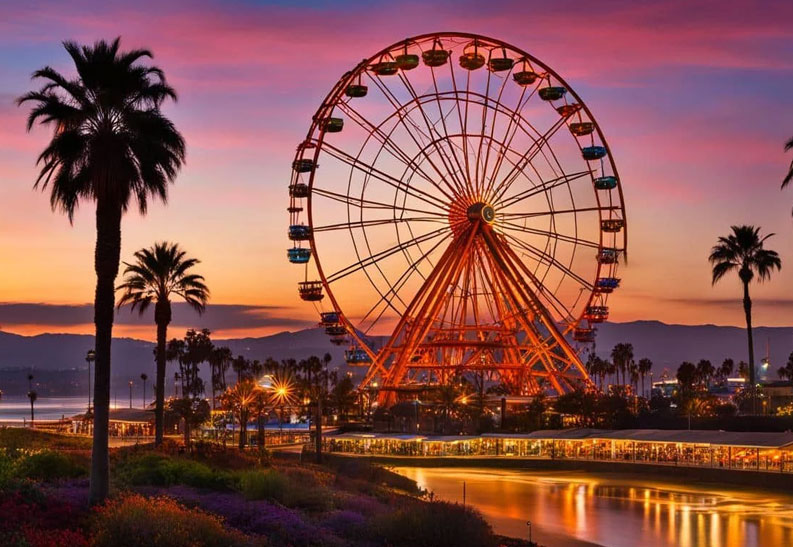 A vibrant Ferris wheel in Orange County, glowing against a colorful sunset with palm trees and water nearby.