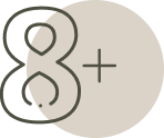 Minimalist icon of "8+" symbolizing over 8 years of experience in the photo booth rental industry.