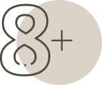Minimalist icon of "8+" symbolizing over 8 years of experience in the photo booth rental industry.