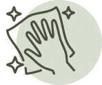 Minimalist icon of a hand wiping a surface, symbolizing a clean and well-maintained photo booth setup.