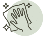 Minimalist icon of a hand wiping a surface, symbolizing a clean and well-maintained photo booth setup.