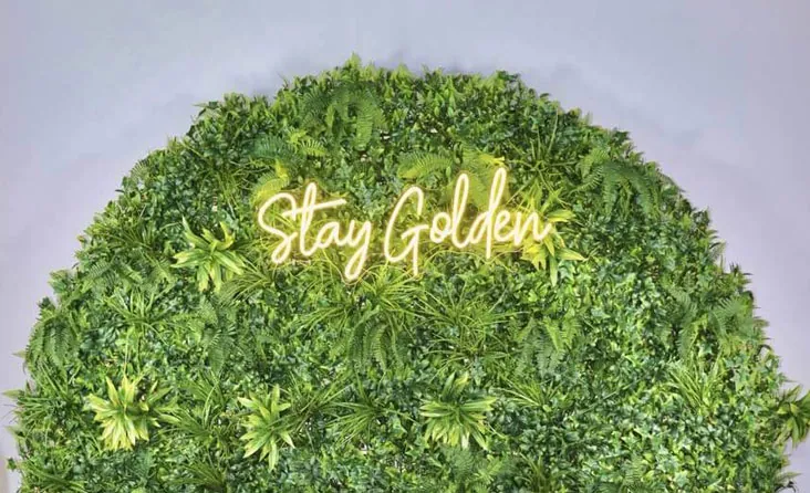 Tropical Garden photo booth wall with lush green leaves and a glowing "Stay Golden" neon sign.