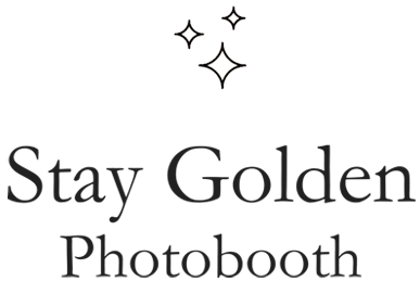 Minimalist Stay Golden Photo Booth logo featuring elegant text and sparkling star accents.