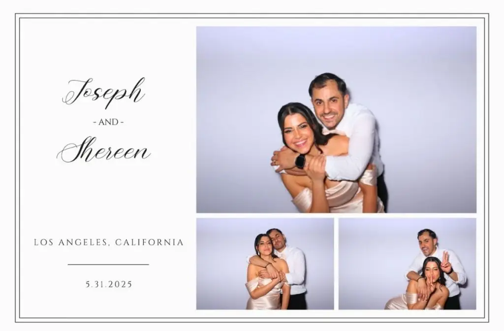 A couple posing in a photo booth at their wedding, shown in three frames.