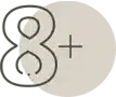 Minimalist icon of "8+" symbolizing over 8 years of experience in the photo booth rental industry.