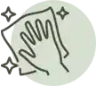 Minimalist icon of a hand wiping a surface, symbolizing a clean and well-maintained photo booth setup.