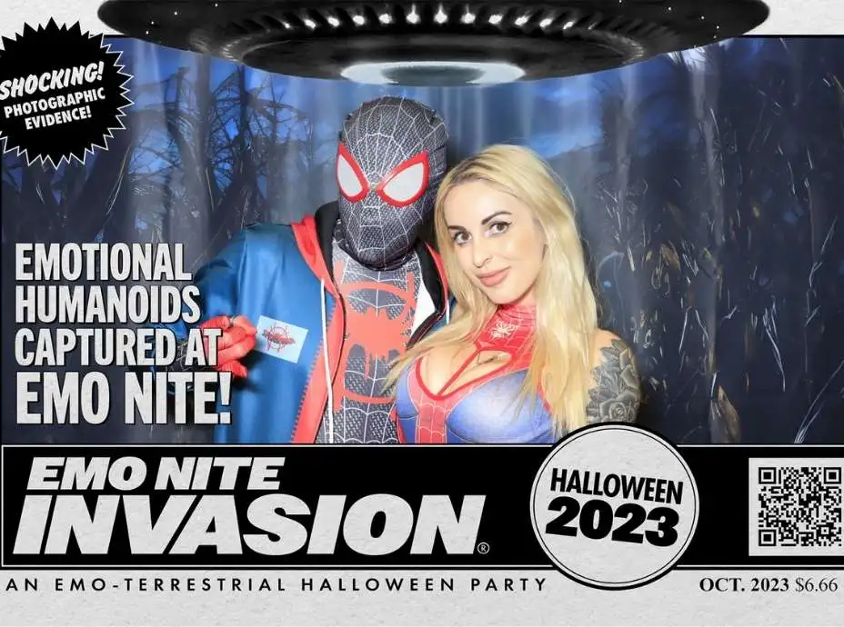 Couple dressed as Spider-Man and Spider-Gwen posing stylishly at a Halloween photo booth event.