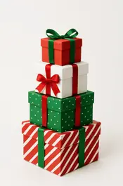three christmas gift boxes stacked on top of each other