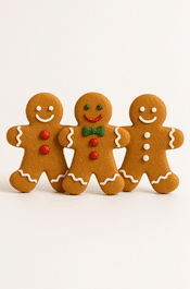 three gingerbread men cutout standing in a row on a white background