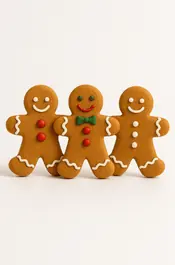 three gingerbread men cutout standing in a row on a white background