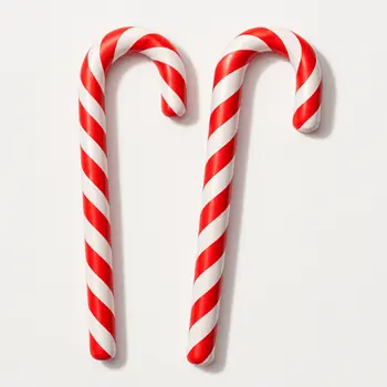 two red and white oversized candy canes on a white background