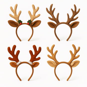 four reindeer headbands are shown on a white background