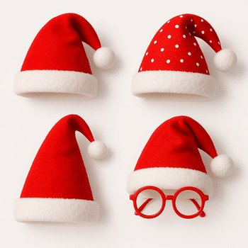 four santa hats and glasses on a white background