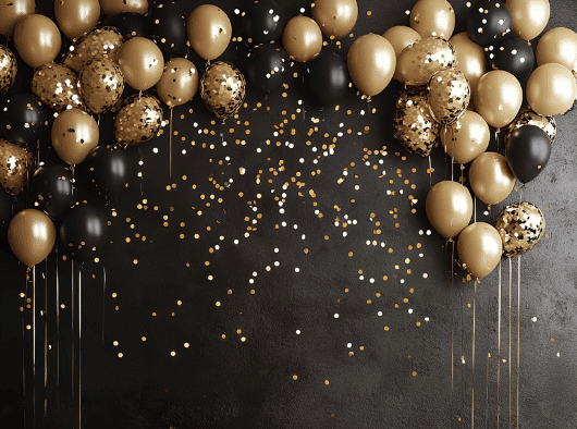 gold and black balloons on a black background