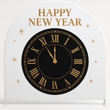 a backdrop of black and white clock with gold roman numerals and the words happy new year