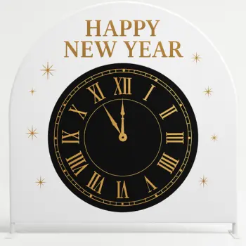 a backdrop of black and white clock with gold roman numerals and the words happy new year