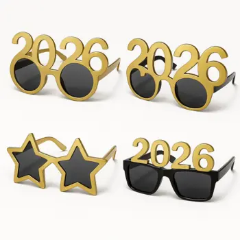 three pairs of gold and black sunglasses with the year 2026 written on them