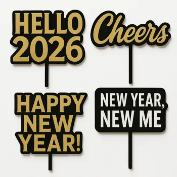 four cutout sign props that say hello, cheers, happy new year and new year