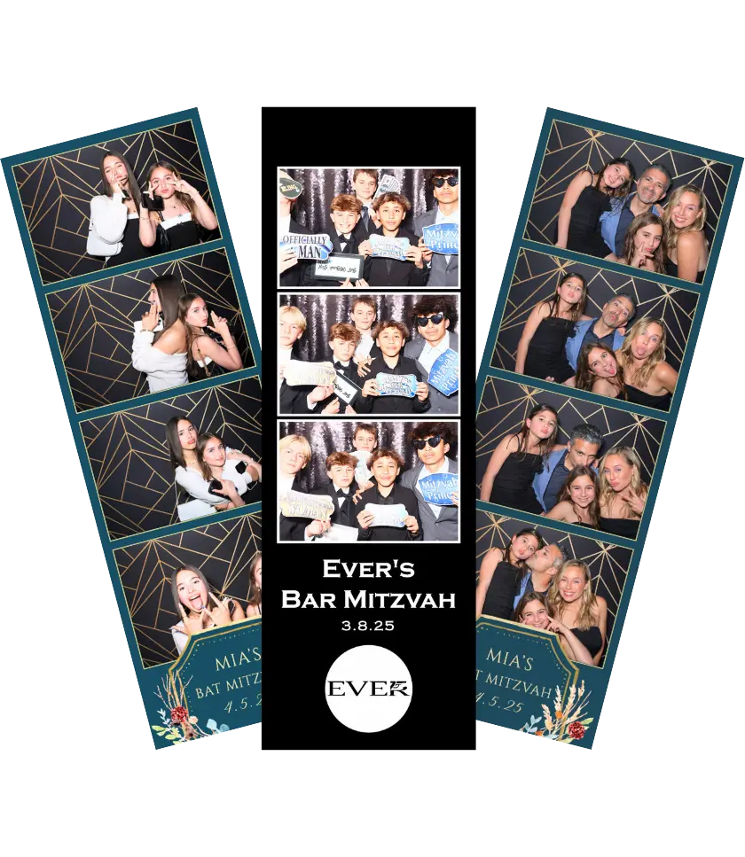 A photo booth strip featuring multiple photos of groups of people, with text overlays indicating "Ever's Bar Mitzvah" and "Mia's Bat Mitzvah" along with dates.