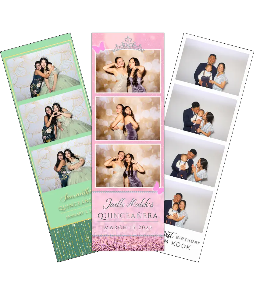 Three photo strips show different groups of people posing for pictures while celebrating a birthday using a photo booth.