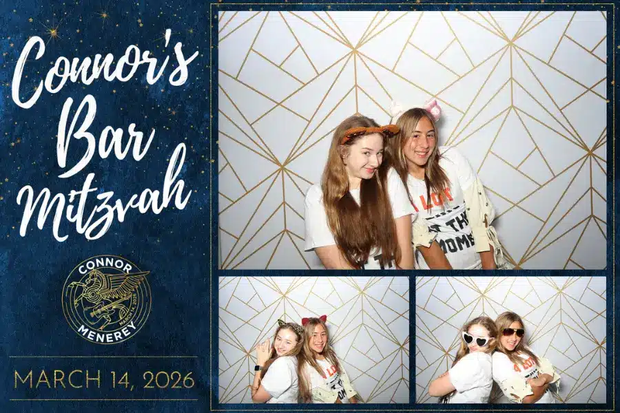 A photo booth strip from Connor's Bar Mitzvah on March 14, 2026. The left side features the event title and a logo. The right side has three panels showing two people posing with fun accessories and festive outfits.