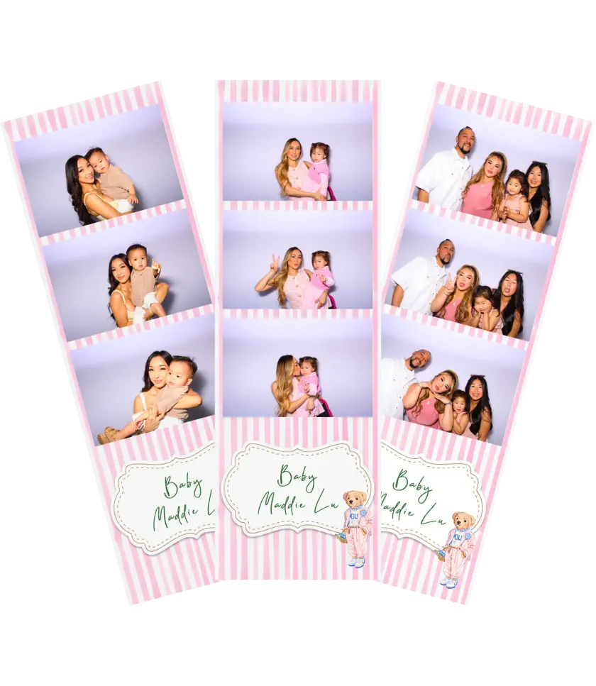 A set of three photo booth strips with people posing against a light purple backdrop, framed by pink and white stripes. Each strip features multiple photos of adults holding babies and posing together,