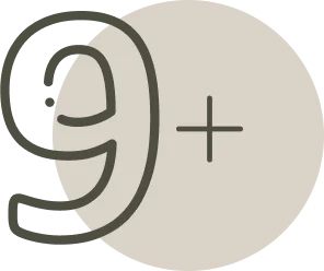 Minimalist icon of "9+" symbolizing over 9 years of experience in the photo booth rental industry.