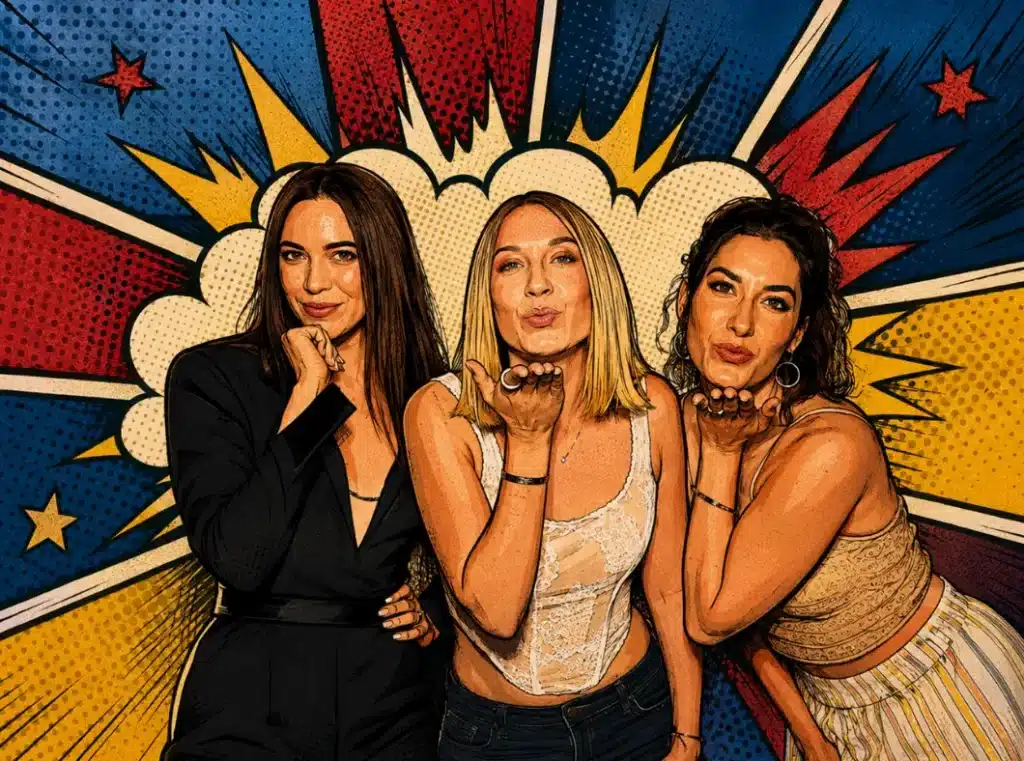 Three women posing in front of a comic book style background with bright colors and starbursts. The woman on the left wears a black blazer, the middle woman wears a white corset top, and the woman on the right wears a tan tank top.