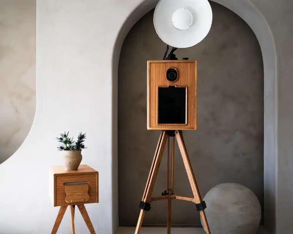 Wooden glam photo booth on tripod with studio light and printer stand in an arched space.