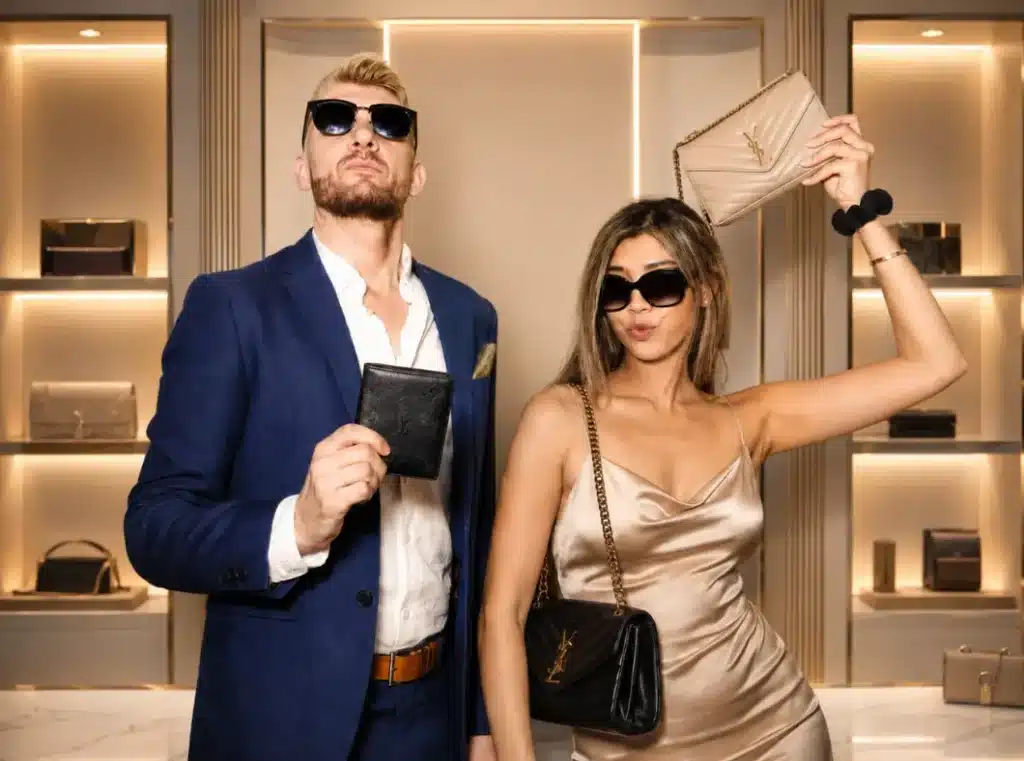 A man in a blue suit and a woman in a champagne-colored slip dress pose with luxury handbags and wallets in a boutique setting.