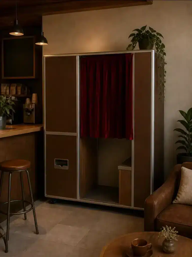 Enclosed photo booth in a warm coffee shop 1