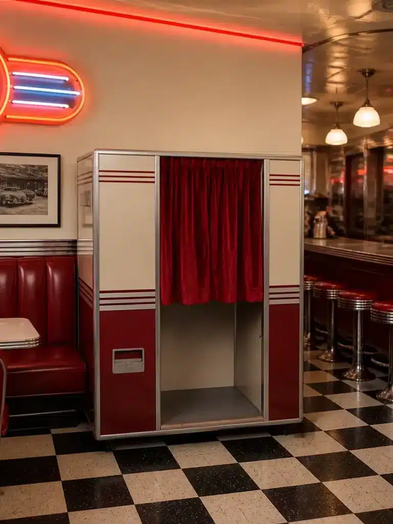 A vintage enclosed photo booth with a red curtain stands on a black and white checkered floor in a diner setting.