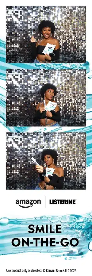 Listerine brand activation photo strip with a guest posing in front of a silver backdrop and Smile On-The-Go branding.