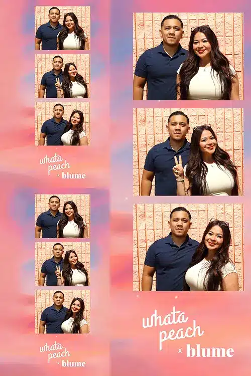 Whata Peach x Blume branded photo booth prints showing a couple posing in front of a pink backdrop.