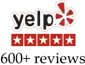 Yelp logo with 5 stars and "600+ reviews" text.
