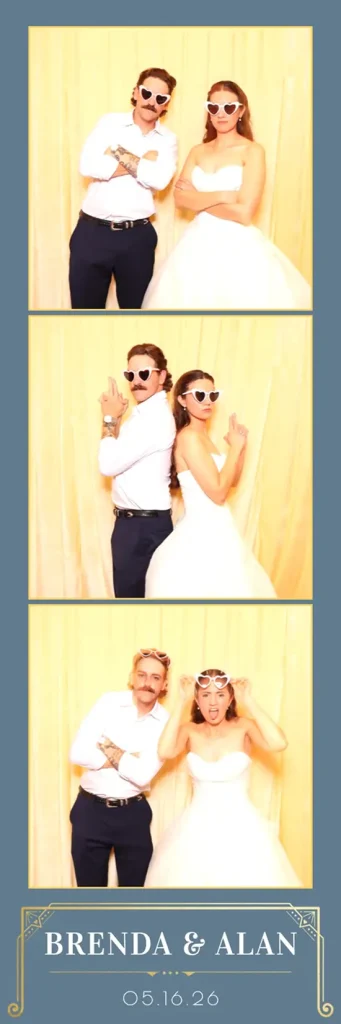 Bride and groom wear sunglasses and make playful poses together