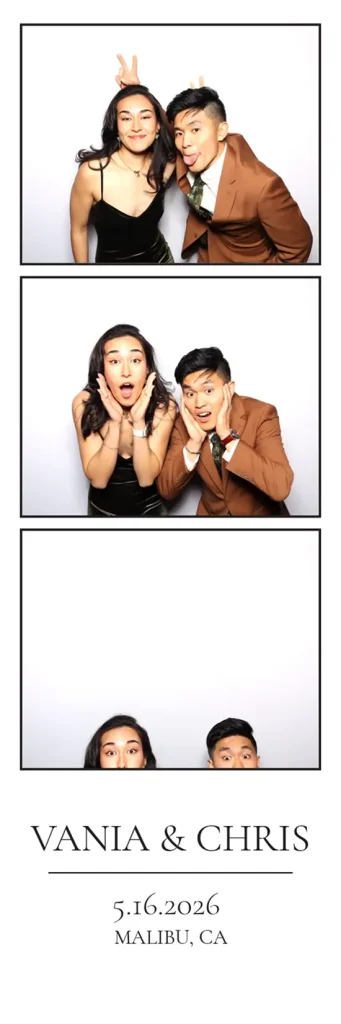 Couple makes playful surprised poses before ducking out of frame in a photo booth strip.
