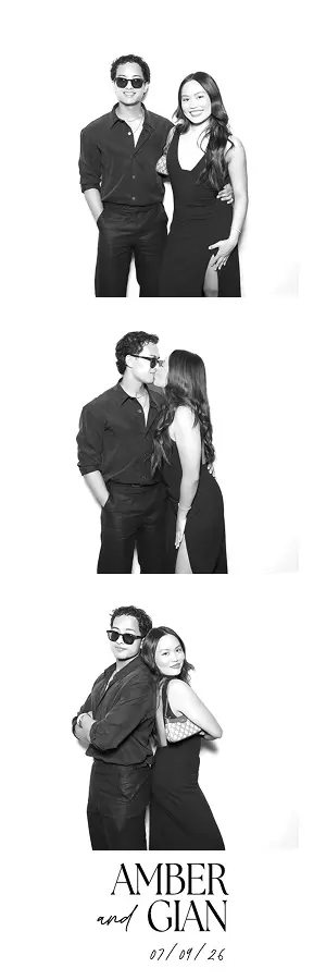 Two wedding guests smile, kiss, and pose back-to-back in a three-frame black-and-white Glam Photo Booth strip.