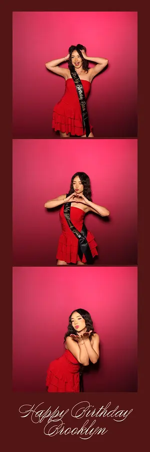 A birthday celebrant in a red dress strikes three playful poses against a pink backdrop in a Glam Photo Booth strip.