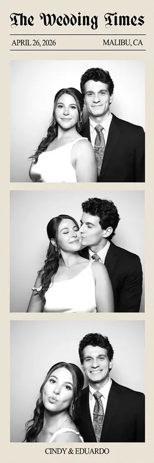 a couple pose, kiss, and smile in a three-frame black-and-white Glam Photo Booth wedding strip.