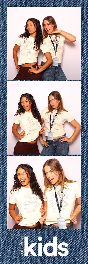 Two guests wearing matching white shirts strike playful poses in a Cotton On Kids Glam Photo Booth strip.