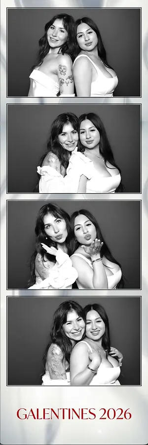 Two women pose, smile, and blow kisses in a four-frame black-and-white Glam Photo Booth strip for Galentine's.