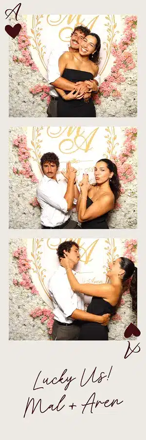 Two wedding guests share romantic and playful poses in a three-frame Glam Photo Booth strip with floral decor.