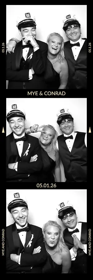 Two men in captain hats and a woman pose playfully in three black-and-white Glam Photo Booth wedding photos.