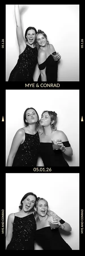 Two women pose, smile, and make playful faces in three black-and-white Glam Photo Booth wedding photos.