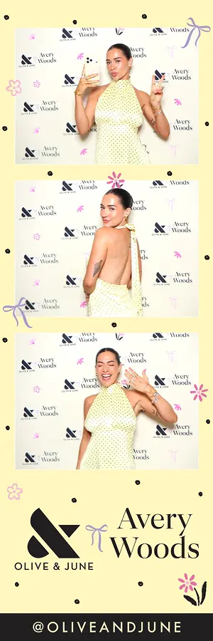 Avery Woods in a yellow dress strikes three playful poses in an Avery Woods x Olive & June Glam Photo Booth strip.
