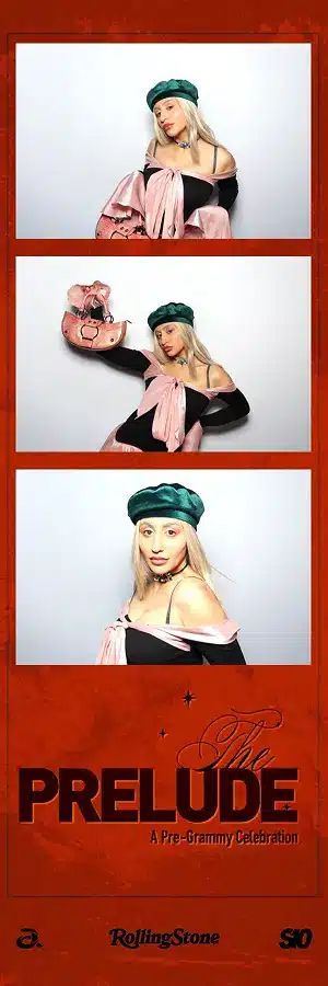 Attendee in a green beret and pink outfit strikes three stylish poses in The Prelude Glam Photo Booth strip.