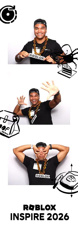 Guest wearing a Roblox shirt and gold chain strikes three playful poses in a branded Glam Photo Booth strip.