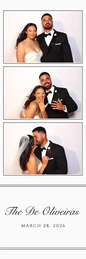 Bride and groom share romantic and playful poses in a three-frame Glam Photo Booth wedding photo strip.